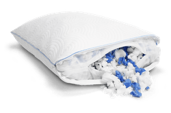 Cloud Adjustable Pillow with the cover and inside liner unzipped with the fill coming out